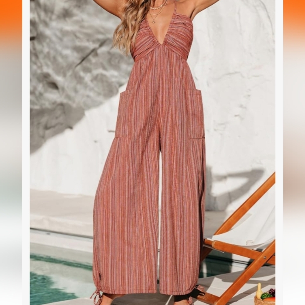 Plunging Halter Jumper Striped Casual‎ Dressy Wide Leg Pockets Oversized